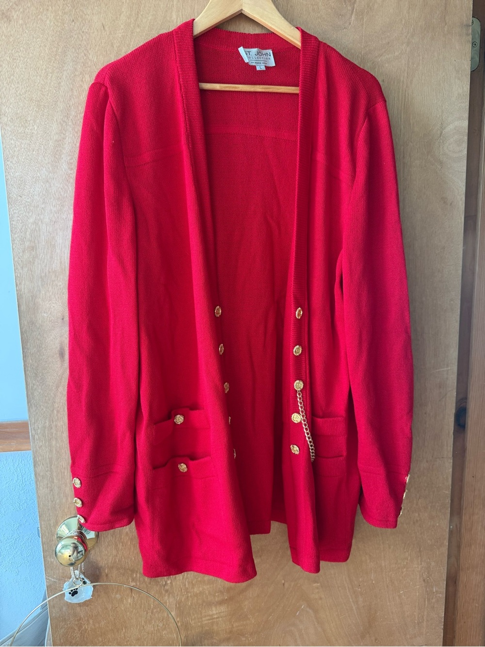 St. John Red Knit Open Blazer with Chain & Gold Buttons